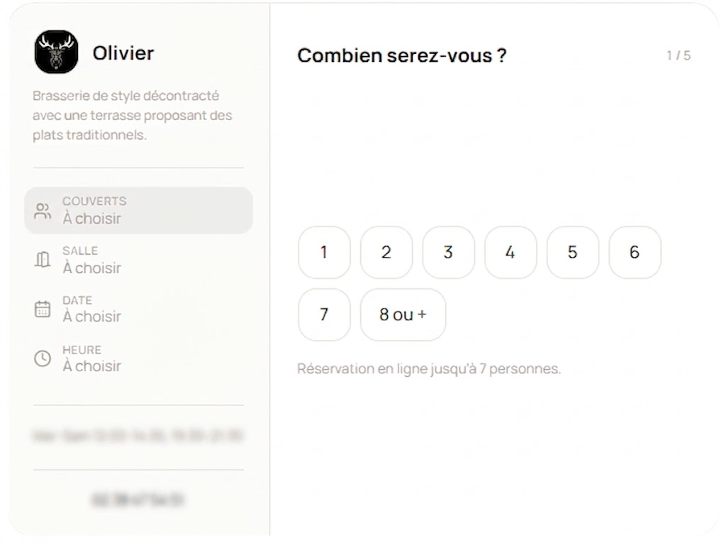 Premi&egrave;re &eacute;tape de la r&eacute;servation en ligne d'une brasserie : choix du nombre de couverts, avec le r&eacute;capitulatif dans la colonne de gauche